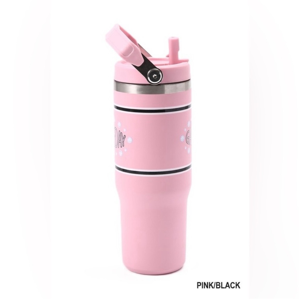 NEW Game Day 30oz Stainless Steel Flip Top Straw Tumbler Pink Black Hot Cold NIB - Picture 2 of 7